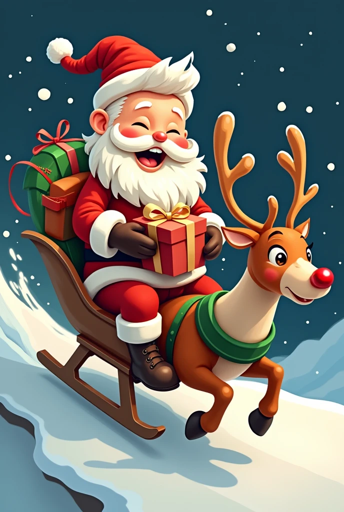 ولد سعيد يرتدي لباس الكريسماس ويمسك بيده هديه يركب مزلقه Santa Clause الطائره تجرها حيوان الرنا المسرعه وبجواره Santa Clause ظريف يقود العربه مبتسم بطريقه ساخره ومرسوم بفن الخط والرسوم المصوره عناصر عيد الميلاد, Santa Clause Reindeer pulls sleigh black background, Simplified illustration of a set of exclusive stickers Simple drawing