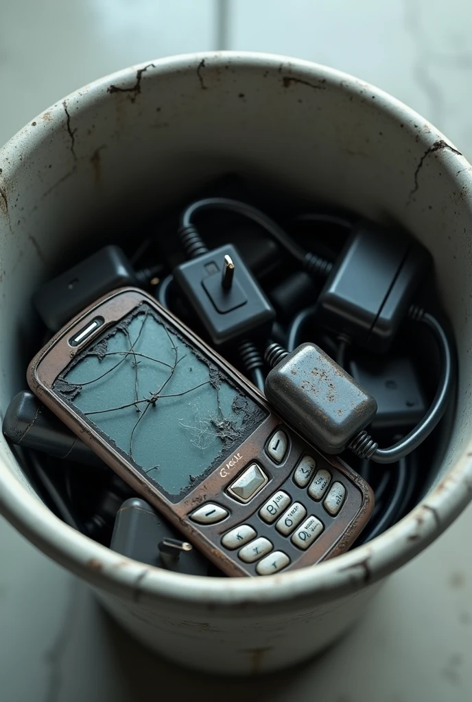 Basic trash can with a broken cell phone and two plug adapters and a broken power strip as realistic as possible