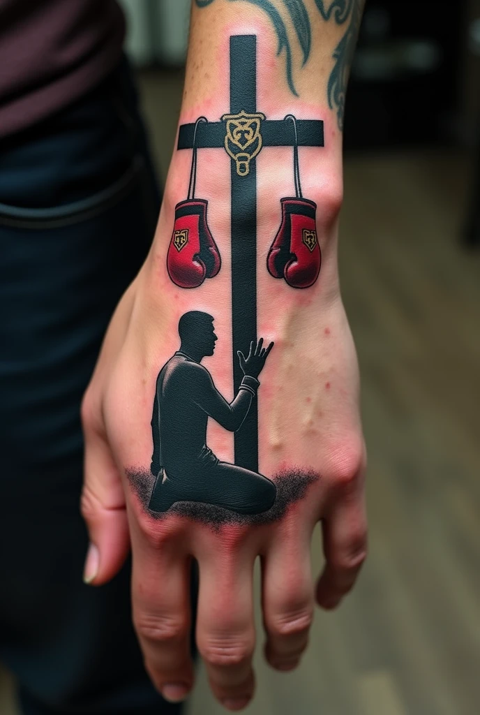 a tattoo on the hand with a cross on it are a pair of boxing gloves hanging from the cross and a man is kneeling in front of the cross