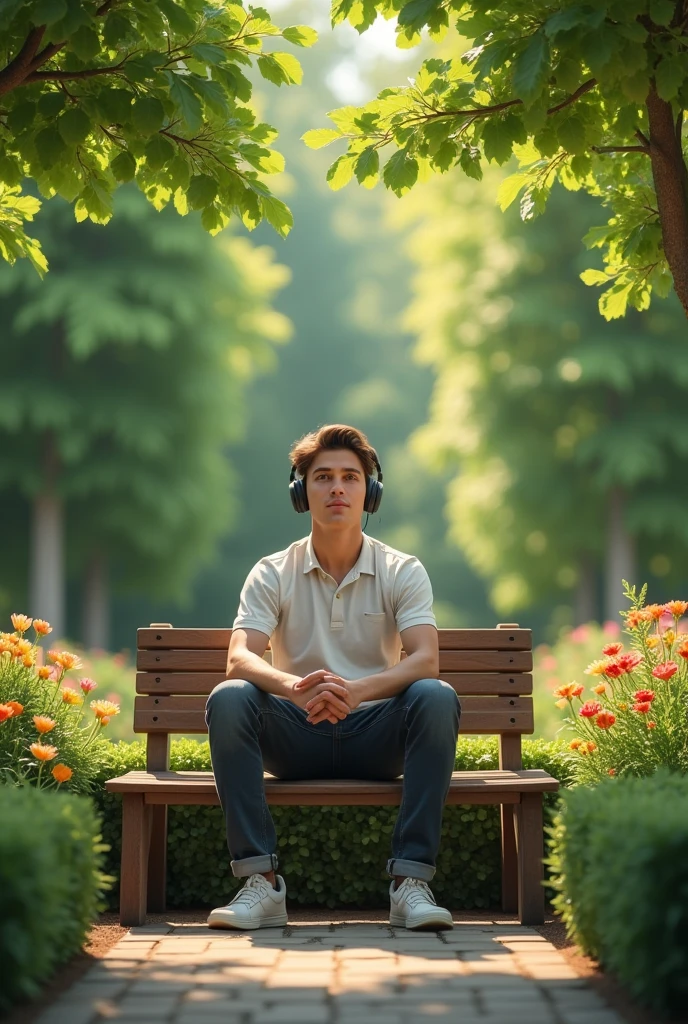 A young MAN listening to music sitting on a bench enjoying a garden with his eyes open

