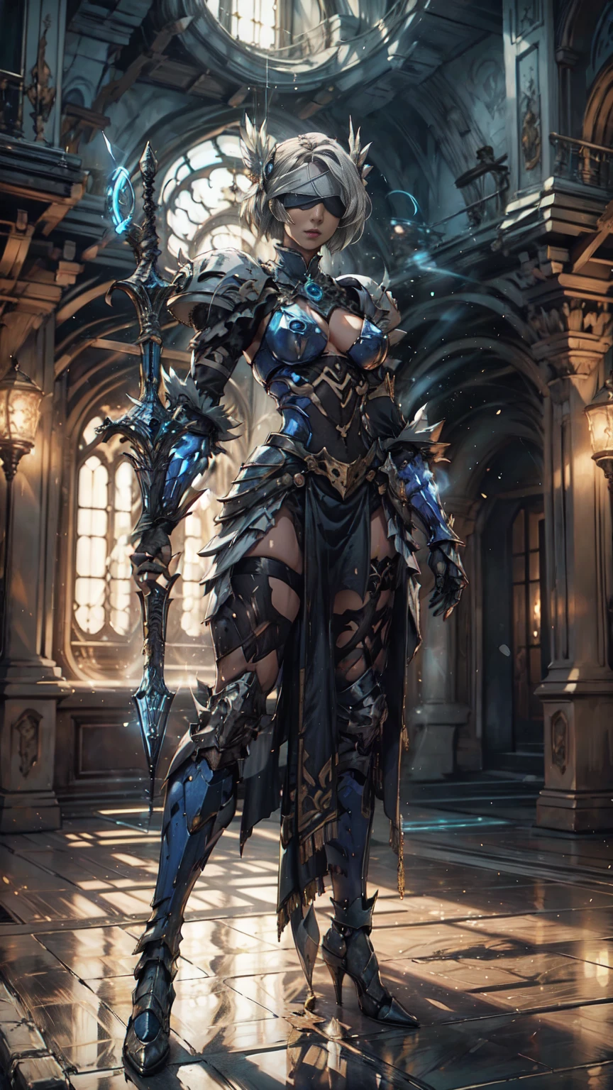 Make a 'kitbash' of Lenneth from 'Valkyrie profile' and 2B from 'Nier: Automata', combine 2B and Lenneth, solo, 1girl, BREAK: ((bright sapphire blue plate mech4rmor)), (boob window), thigh cutout, long skirt, (blindfold:1.27), wings, BREAK: standing contrapposto, (holding glowing spear), light smile, BREAK: plains, castle, BREAK: (better hands, best hands,) (insanely detailed, masterpiece, best quality), strong_negative, Chinese style