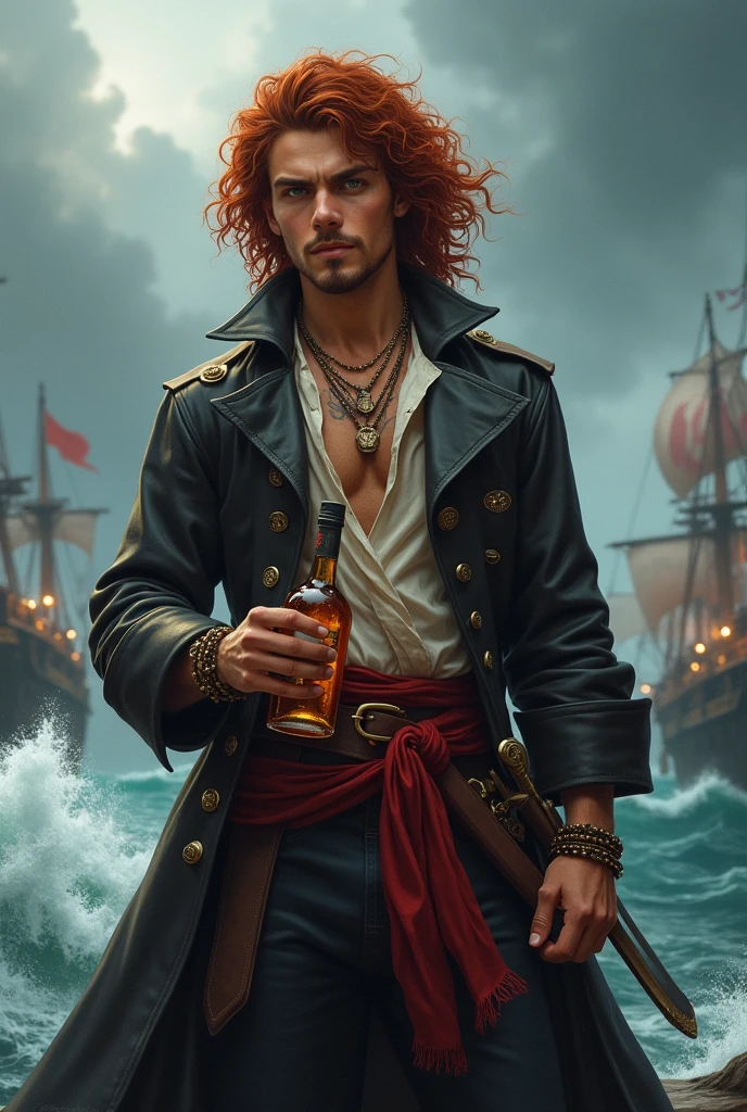 Generate the image of a pirate for a DnD campaign total body. A male pirate around 20 years old. He has long dark red curly hair, no facial hair. He’s wearing a leather trench coat, under the coat a soft shirt open, he’s wearing a belt with a red band, on the side he had two sabers and two XVI century guns. He’s wearing many bracelets and necklaces and he has a pirate tattoo on the left hand. He’s holding a bottle of rum at the pub. In the background a pirate harbor during a storm