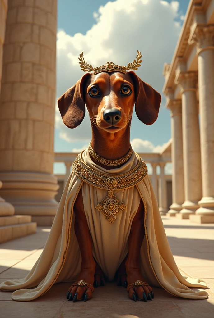 dachshund in a greek god costume