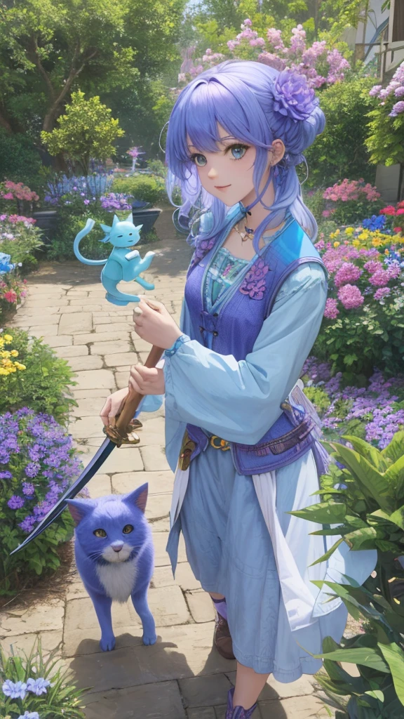 Have a good adventure　adventurer　cute little　Fantasia　holding a sword Cat-eared girl　Light blue and purple colored hair walking next to her is a cute little blue dragon Her hair is long and she is in a green flower garden.