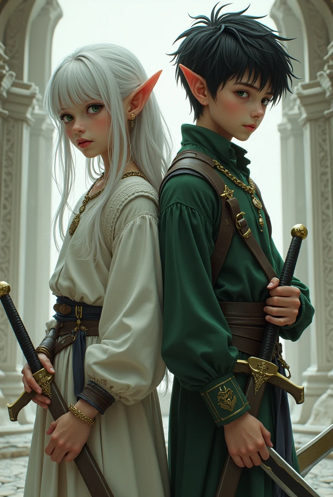 Imagine a girl with long white hair, with green eyes, elf ears and wearing a white necklace holding a sword and a boy with black hair at neck length straight and kind of spiky, your eyes are black, he is wearing a green necklace and he also has a sword in his hand, he has a serious face,They have their backs to each other