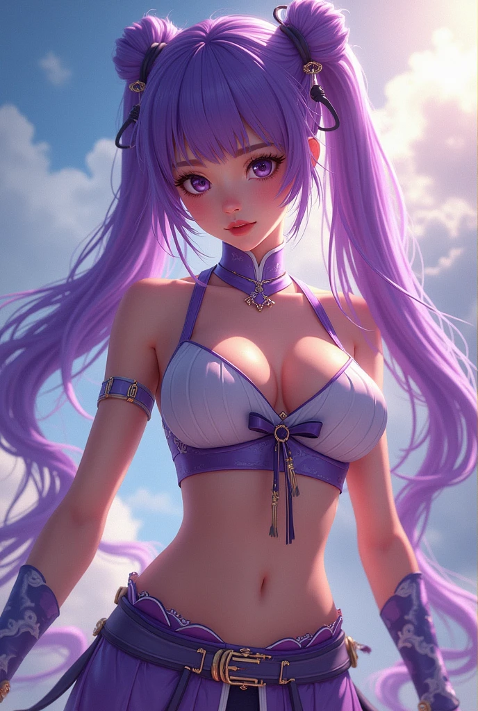 girl, twintail, crop top, sexy belly, violet hair, chinese clothes violet and white color, ziyan battle through the heavens, front, sexy ass, f cup, skirt, perfect face