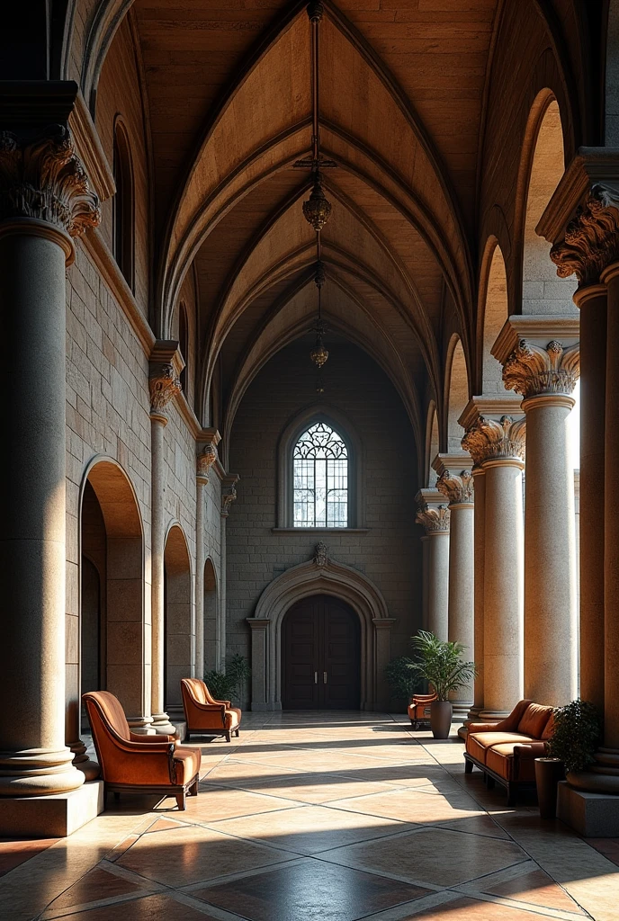 Romanesque style hotel lobby, with stone walls, ornate pillars, rounded arches, Vaults, with exposed bricks, solid and resistant walls, narrow doors and small windows, dark and luxurious interior.