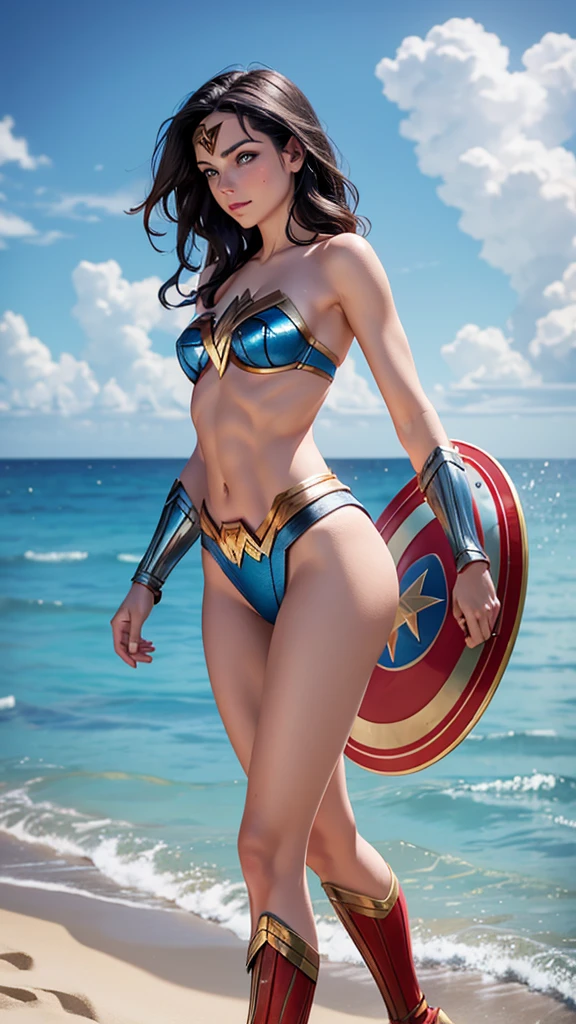 1 woman, young, sexy, europea, clear skin, very thin body, small breasts, small buttocks, beautiful, blue eyes, toned abdomen, perfect feet, obscene, sensual, parada sobre la arena a la orilla del Mar, bikini de wonder woman, IT&#39;S ON THE BEACH, the sun illuminates its beauty, Mar espumoso, eggs, beautiful landscape background on the beach, arena, Mar, radiant sun, look towards the horizon, High resolution, Red hair, hair between eyes, Horse tail, serious, from behind, hyperdetailed, Hyperrealism, high quality, masterpiece, photo realisticCinematic lighting, 8k octane, hyperdetailed, wide angle, 