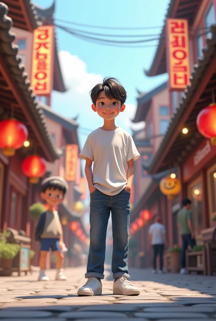 Cute Korean boy wearing casual dress and stand in Korea street 3d render 8k realistic