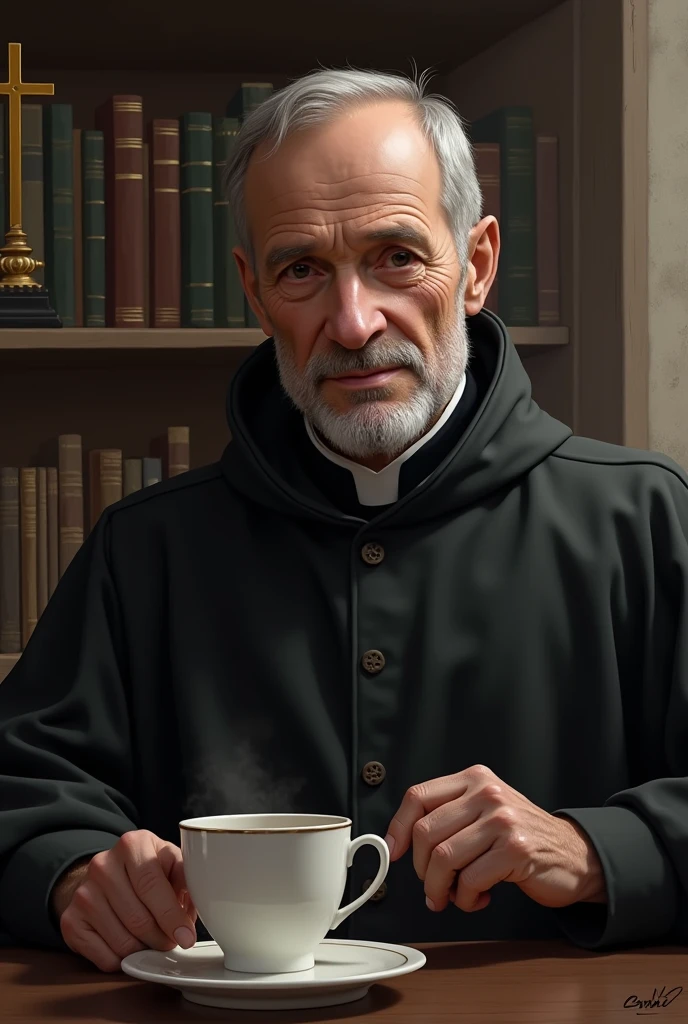 creates an image of an old Jesuit with a little baldness, Without beard, drinking coffee