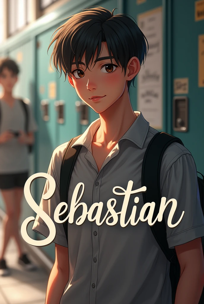 Create the phrase Sebastian in cursive letters with a school background with a male student with not so dark skin and straight hair posing
