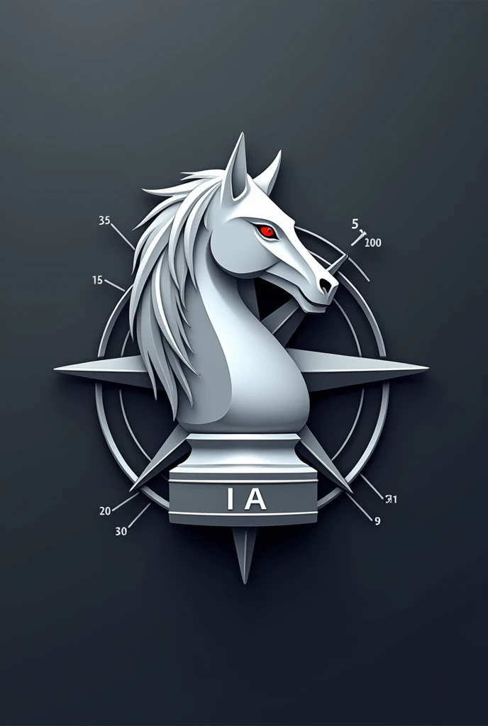 Logo en 2D pour une entreprise d'intelligence artificielle. Le design doit représenter une rose des vents, en couleur argenté, sans numération. Au centre de la rose des vents, placez une pièce d'échec : le cavalier blanc, vu de profil vers la droite. Le cavalier doit être élégant et agressif, avec une crinière mêlant des nuances de blanc et d'argenté. Ses yeux doivent être d'un rouge brillant. Le socle du cavalier doit comporter l'inscription « IA » gravée en argenté. Le logo doit inspirer confiance tout en restant luxueux et puissant. Il doit être simple, de type dessin, mais sans négliger les détails.