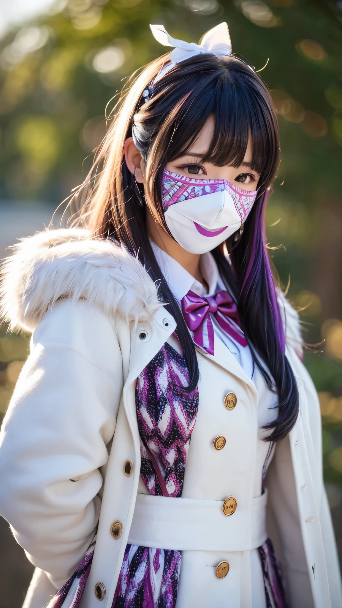 ((カスタムEye mask)), ((Patterned mask)), ((patterned Eye mask)), string hair ribbon, Purple Hair, ((Realistic)), ((Photorealism)), ((photoRealistic)), ((Cosplay)), ((Real Life)), One girl, alone, close your eyes, Black Hair, Multicolored Hair, blush, Fur trim, fur-trimmed coat, smile, coat, Purple Hair, Long Hair, ((Eye mask)), bangs, Mouth closed, bow, Flying Sweat, white coat, ribbon, bandage, Two-tone hair, Upper Body, white bow, hair ornaments