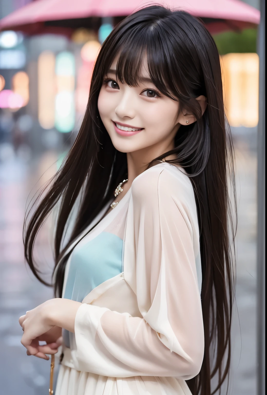 masterpiece、Highest quality、whole body、One Girl、bangs、Japanese、Long Black Hair、Long Hair、smile、alone、rain、Stylish woman、pastel colored outfits、front、Luxury background elements、Confident expression、Modern and trendy、Fashion focus