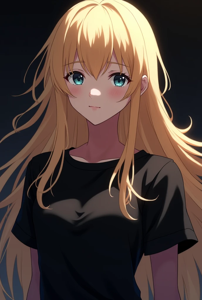 Female anime character blonde hair black shirt black