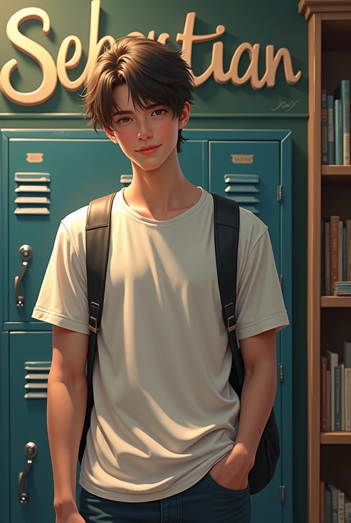 Create the phrase Sebastian in cursive letters with a school background with a male student with not so dark skin and straight hair posing