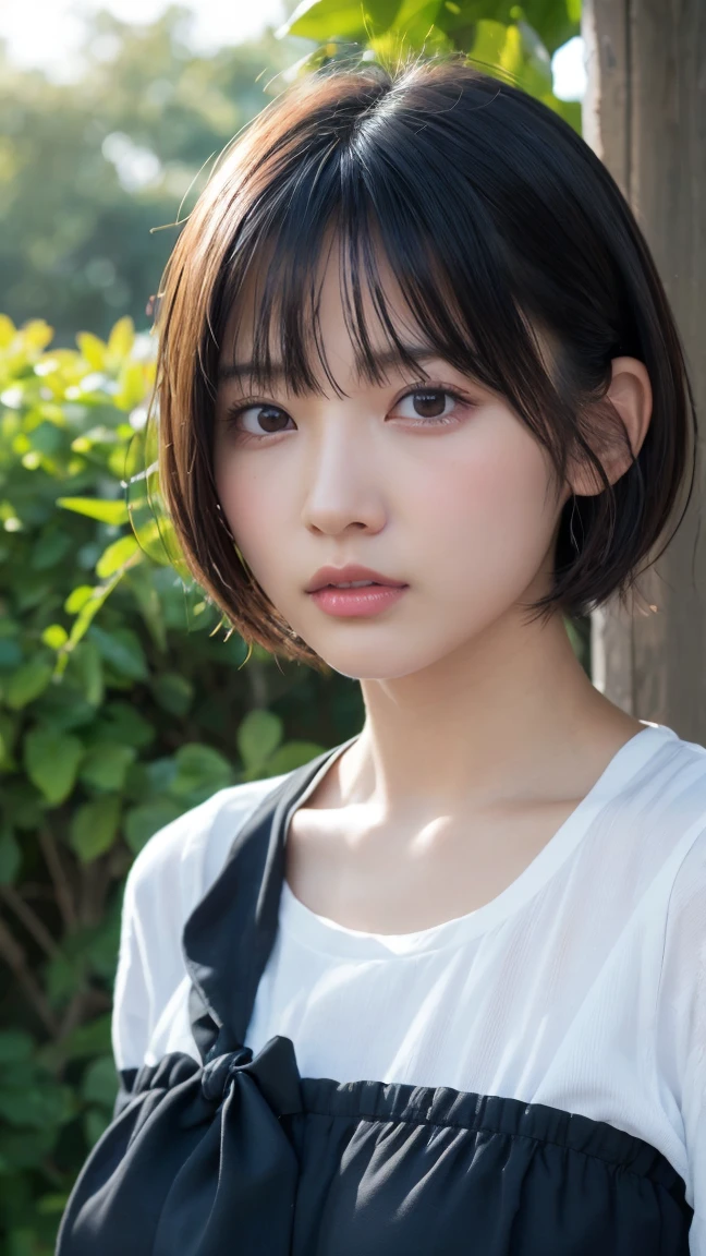 (High resolution:1.3), (16K, Photorealistic, RAW Photos, Best image quality: 1.4), Japanese, (1peopleの少女), Beautiful Face, (A vivid face), (Black-haired、short hair:1.3), Beautiful hairstyle, Realistic eyes, Beautifully detailed eyes, (Realistic Skin), Beautiful skins, Charm, 超High resolution, Surreal, Attention to detail, Golden Ratio, Plein Air, the wind is strong, From below,1people、 Half Body Shot,Highly detailed cute girl,(20-year-old)、 dress、