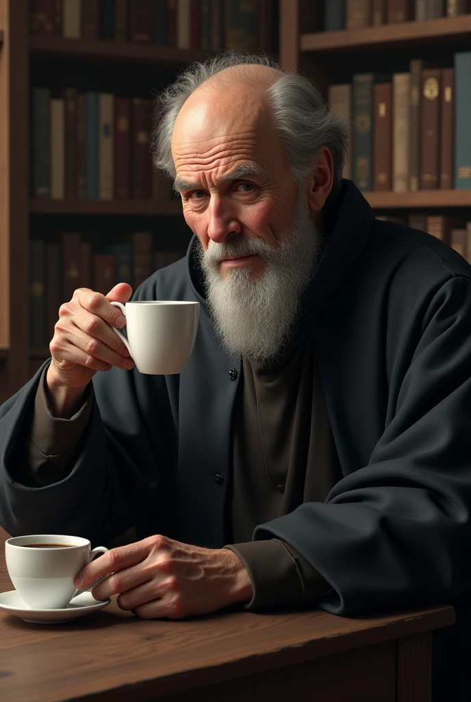 creates an image of an old Jesuit with a little baldness, Without beard, drinking coffee