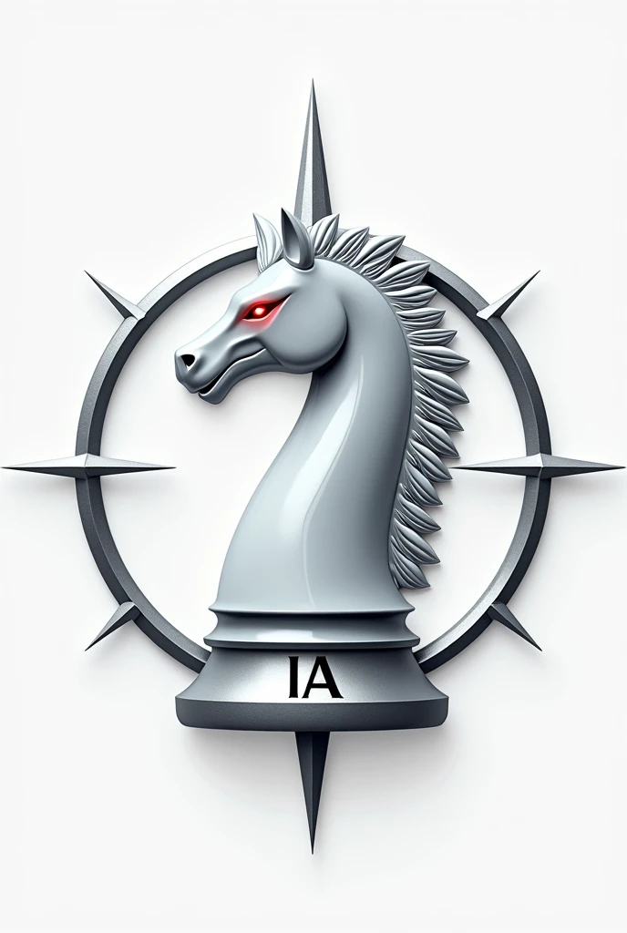 Logo en 2D pour une entreprise d'intelligence artificielle. Le design doit représenter une rose des vents, en couleur argenté, sans numération. Au centre de la rose des vents, placez une pièce d'échec : le cavalier blanc, vu de profil vers la droite. Le cavalier doit être élégant et agressif, avec une crinière mêlant des nuances de blanc et d'argenté. Ses yeux doivent être d'un rouge brillant. Le socle du cavalier doit comporter l'inscription « IA » gravée en argenté. Le logo doit inspirer confiance tout en restant luxueux et puissant. Il doit être simple, de type dessin, mais sans négliger les détails.
