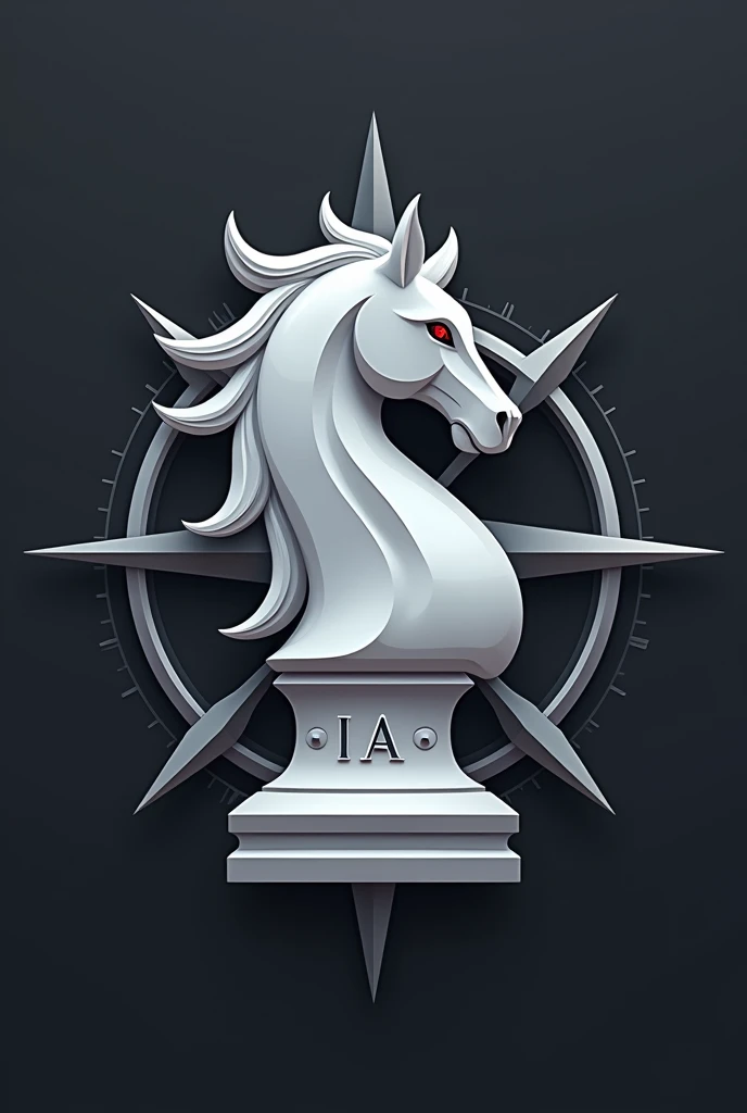 Logo en 2D pour une entreprise d'intelligence artificielle. Le design doit représenter une rose des vents, en couleur argenté, sans numération. Au centre de la rose des vents, placez une pièce d'échec : le cavalier blanc, vu de profil vers la droite. Le cavalier doit être élégant et agressif, avec une crinière mêlant des nuances de blanc et d'argenté. Ses yeux doivent être d'un rouge brillant. Le socle du cavalier doit comporter l'inscription « IA » gravée en argenté. Le logo doit inspirer confiance tout en restant luxueux et puissant. Il doit être simple, de type dessin, mais sans négliger les détails.