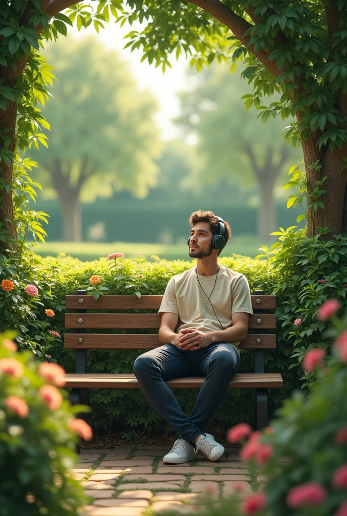 A young MAN listening to music sitting on a bench enjoying a garden with his eyes open