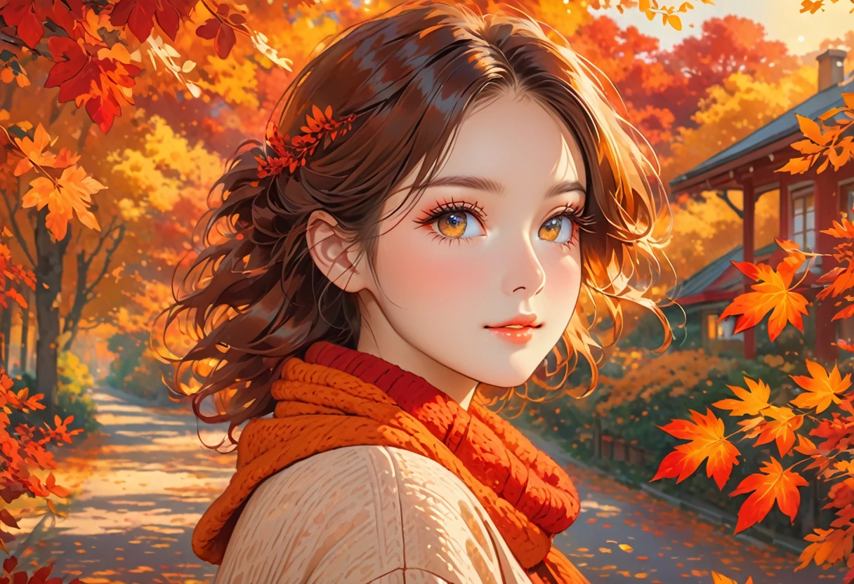 bright colors, falling leaves, golden sunlight, cozy atmosphere, vibrant reds and oranges, soft and warm tones, peaceful setting, gentle breeze, nostalgic mood, autumn foliage, serene expression, delicate eyelashes, captivating gaze,red