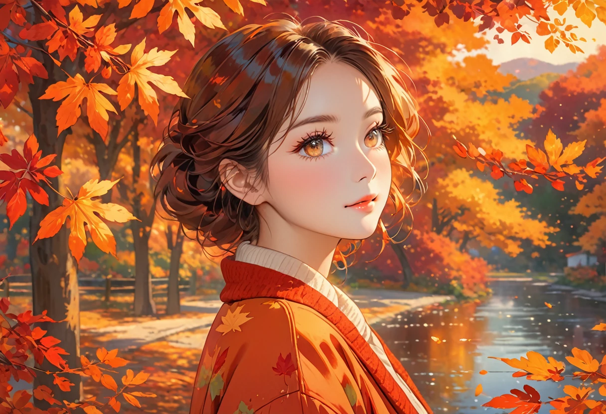 bright colors, falling leaves, golden sunlight, cozy atmosphere, vibrant reds and oranges, soft and warm tones, peaceful setting, gentle breeze, nostalgic mood, autumn foliage, serene expression, delicate eyelashes, captivating gaze,red