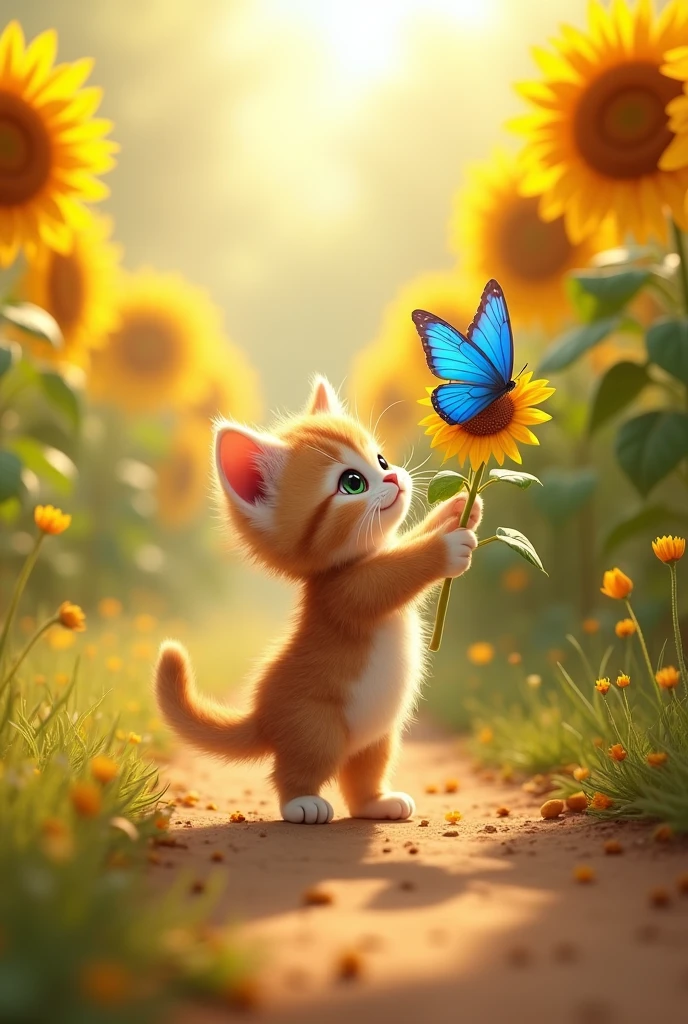kitten nino found a very bright blue butterfly on a sunflower trail