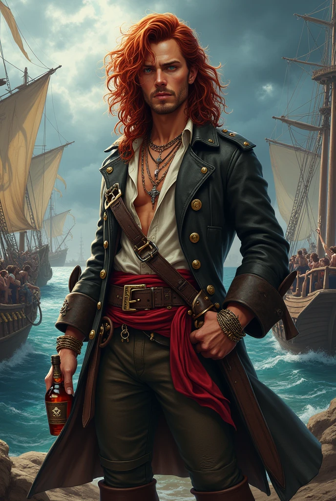 Generate the image of a pirate for a DnD campaign total body. An exuberant young male pirate around 20 years old. He has long dark red curly hair, no facial hair. He’s wearing a leather trench coat, under the coat a soft shirt open, he’s wearing a belt with a red band, on the side he had two sabers and two XVI century guns. He’s wearing many bracelets and necklaces and he has a pirate tattoo on the left hand. He’s holding a bottle of rum at the pub. In the background a pirate harbor during a storm
