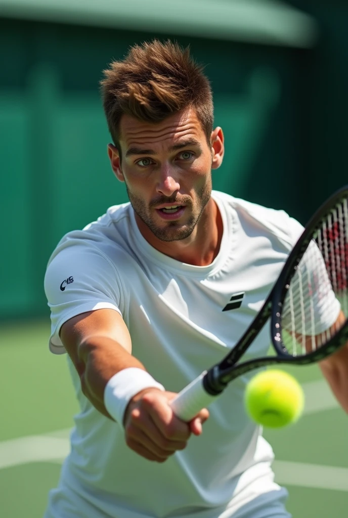 (Photorealism:1.2), man with brown eyes and brown hair jogando tênis com a raquete babolat with a super detailed ultra-realistic photorealistic 8k