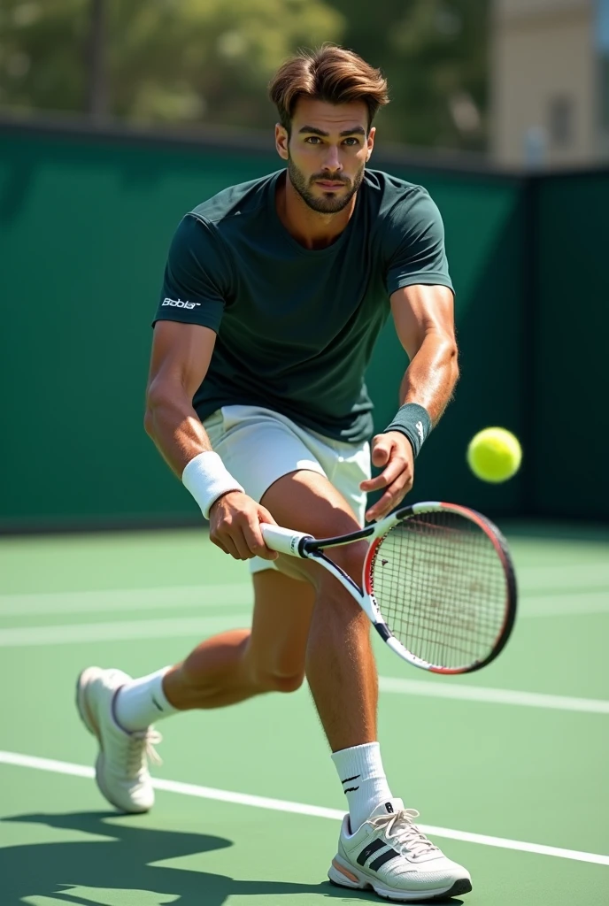 (Photorealism:1.2), man with brown eyes and brown hair jogando tênis com a raquete babolat with a super detailed ultra-realistic photorealistic 8k 