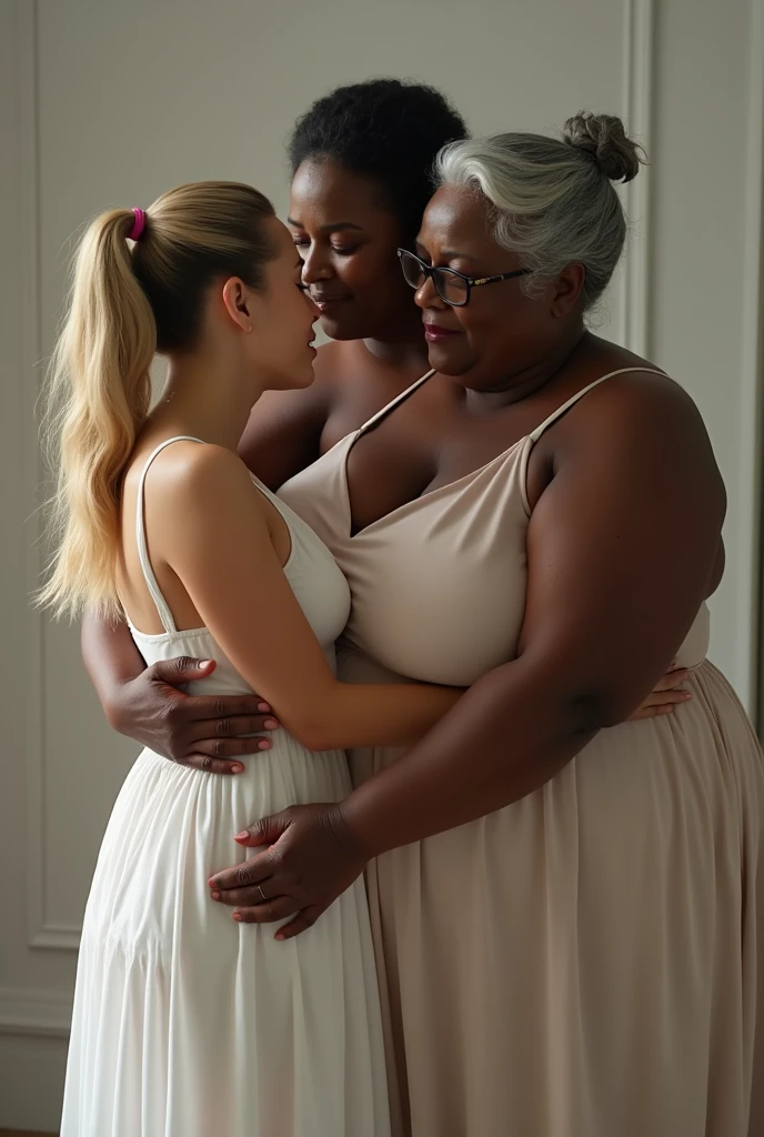 Create a photo of a single young woman aged 25, com pele branca e clara, slender and beautiful body, long light hair, Wearing pink lace panties, and his white shirt is being lifted by a 90 year old woman, obese, dark black skinned, shorth hair, with glasses and wearing a black dress who is putting his hand inside the young woman's panties