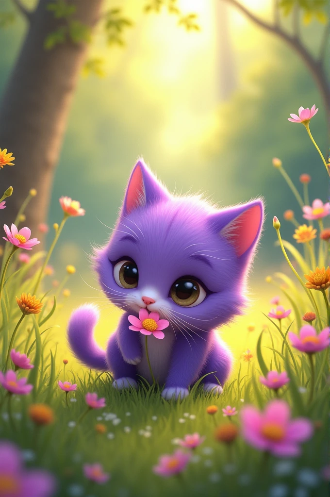 Creates a cute purple cat playing with a flower in the middle of nature 
