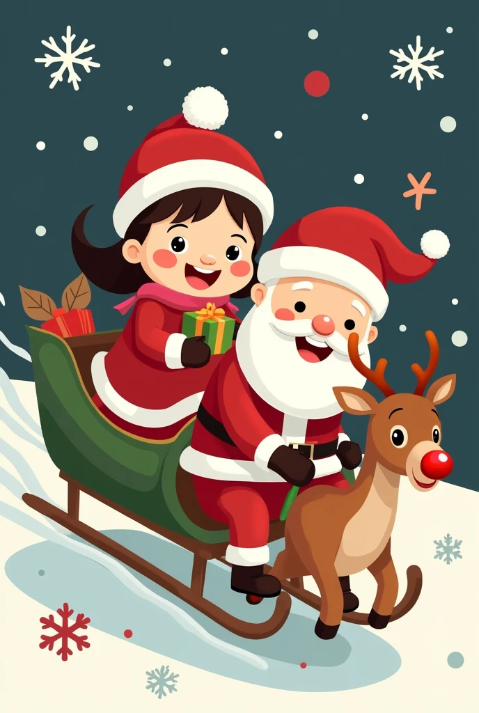 بنت سعيد يرتدي لباس الكريسماس  ويمسك بيده هديه يركب مزلقه Santa Clause الطائره تجرها حيوان الرنا  المسرعه وبجواره Santa Clause  ظريف يقود العربه مبتسم بطريقه ساخره ومرسوم بفن الخط والرسوم المصوره  عناصر عيد الميلاد, Santa Clause　Reindeer pulls sleigh　black background, Simplified illustration of a set of exclusive stickers Simple drawing 