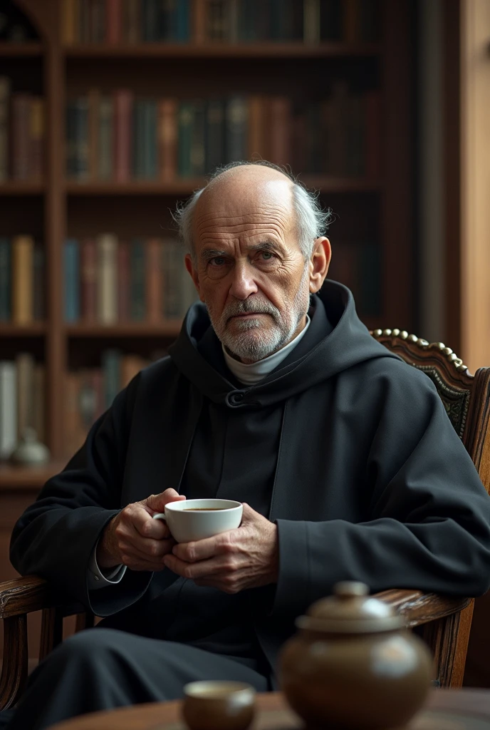 creates an image of an old Jesuit with a little baldness, Without beard, drinking coffee 

