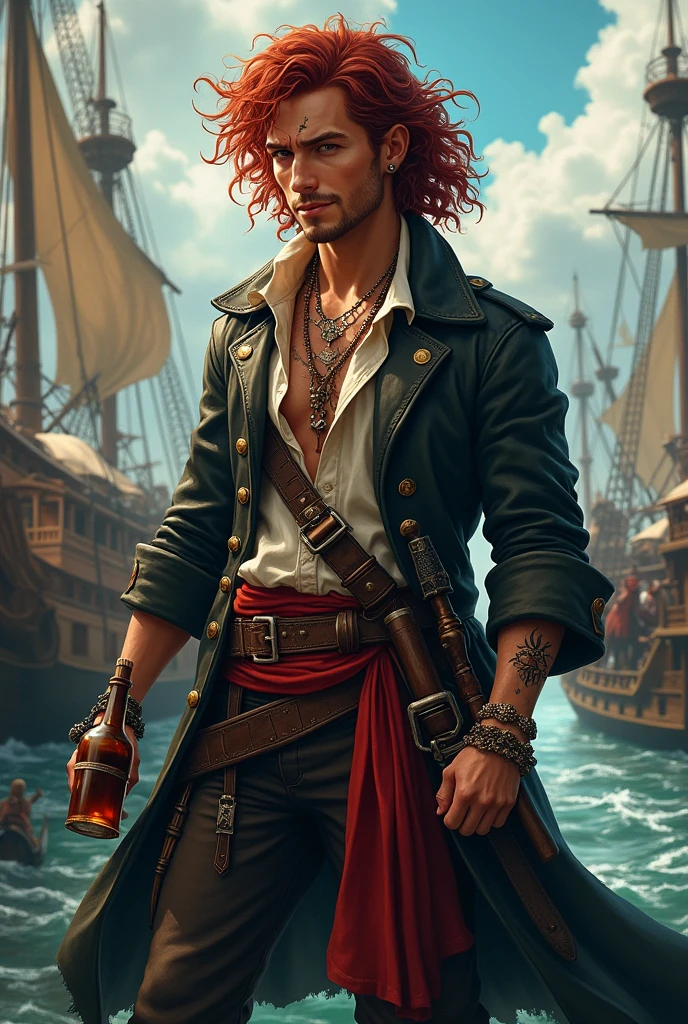 Generate the image of a pirate for a DnD campaign total body. An exuberant male pirate around 20 years old. He has long dark red curly hair, no facial hair. He’s wearing a leather trench coat, under the coat a soft shirt open, he’s wearing a belt with a red band, on the side he had two sabers and two XVI century guns. He’s wearing many bracelets and necklaces and he has a pirate tattoo on the left hand. He’s holding a bottle of rum at the pub. In the background a pirate harbor during a storm