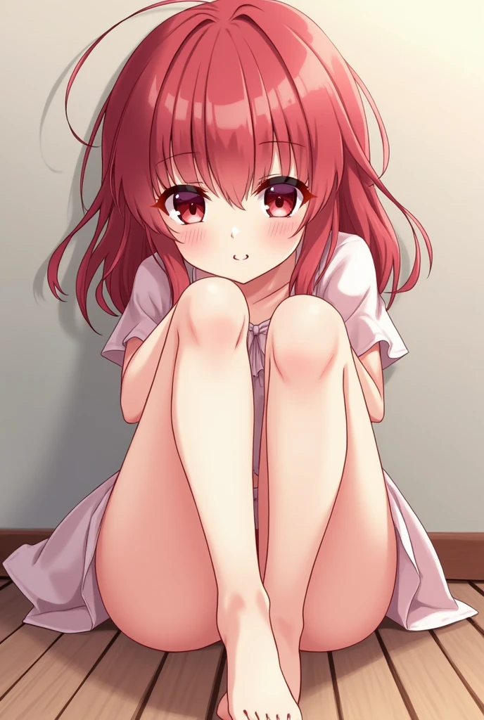 cute anime girl with soft red hair and burgundy eyes sits on the floor and puts her foot on the me