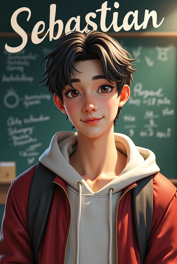 Create the phrase Sebastian in cursive letters with a school background with a male student with not so dark skin and straight hair posing