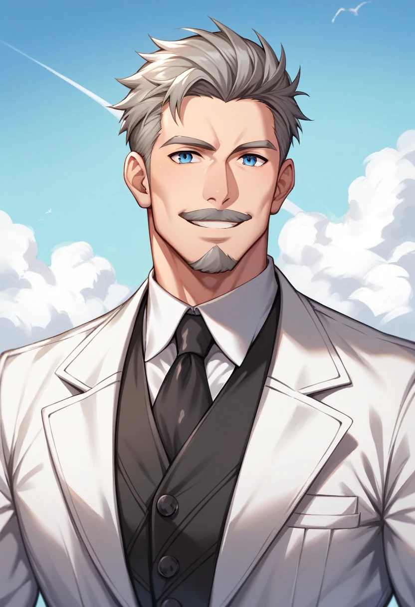 1man, middle-aged man, 5, pompadour hairstyle, graying hair, sky blue eyes, Handsome, gray mustache, gray beard, muscular, wearing white suitcoat, black shoulder robe, blade, smile, closer distance face, closer distance head, hd, high quality, best quality, masterpiece, 8k resolution