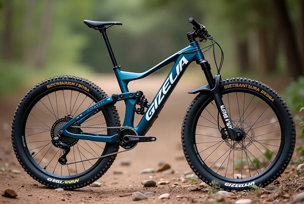 A hyper-realistic image of a Brazilian MTB (Mountain Bike) with a rugged and durable design, perfect for off-road trails. The frame should be metallic blue with 'GIZELIA' prominently displayed in bold, white block letters on the main frame tube in Portuguese. The bike features thick, knobby tires, a robust suspension system, and disc brakes. The handlebars are wide and designed for rough terrain, with a comfortable, padded saddle. The background shows a natural trail with dirt and rocks, highlighting the bike's off-road capabilities. The overall look is that of a premium, well-crafted mountain bike built for tough trails.
de cor rosa e roxo