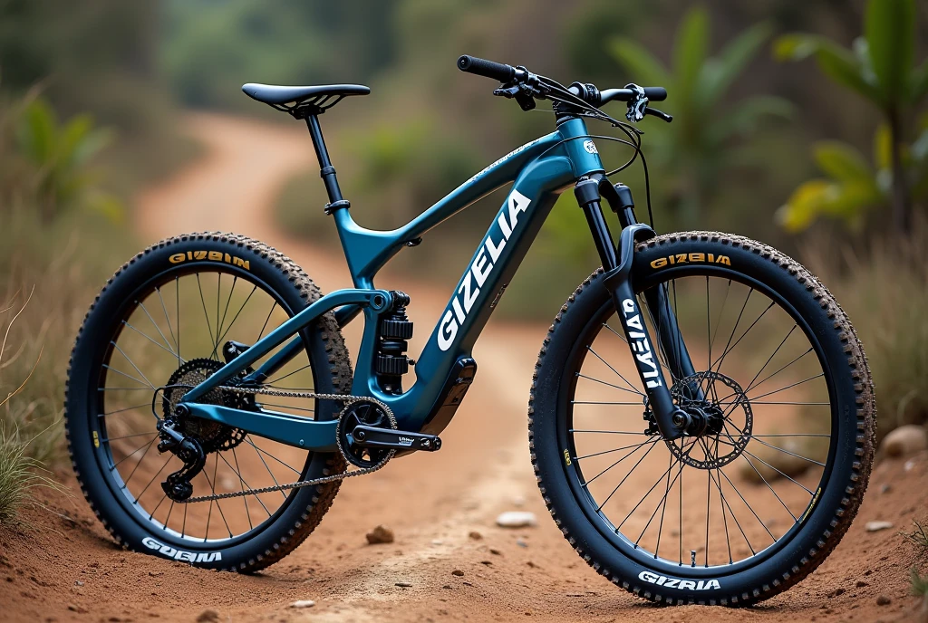 A hyper-realistic image of a Brazilian MTB (Mountain Bike) with a rugged and durable design, perfect for off-road trails. The frame should be metallic blue with 'GIZELIA' prominently displayed in bold, white block letters on the main frame tube in Portuguese. The bike features thick, knobby tires, a robust suspension system, and disc brakes. The handlebars are wide and designed for rough terrain, with a comfortable, padded saddle. The background shows a natural trail with dirt and rocks, highlighting the bike's off-road capabilities. The overall look is that of a premium, well-crafted mountain bike built for tough trails.
de cor rosa e roxo