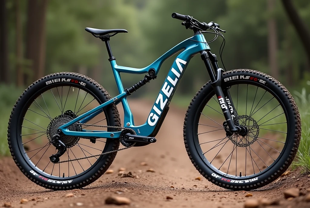 A hyper-realistic image of a Brazilian MTB (Mountain Bike) with a rugged and durable design, perfect for off-road trails. The frame should be metallic blue with 'GIZELIA' prominently displayed in bold, white block letters on the main frame tube in Portuguese. The bike features thick, knobby tires, a robust suspension system, and disc brakes. The handlebars are wide and designed for rough terrain, with a comfortable, padded saddle. The background shows a natural trail with dirt and rocks, highlighting the bike's off-road capabilities. The overall look is that of a premium, well-crafted mountain bike built for tough trails.
de cor rosa e roxo