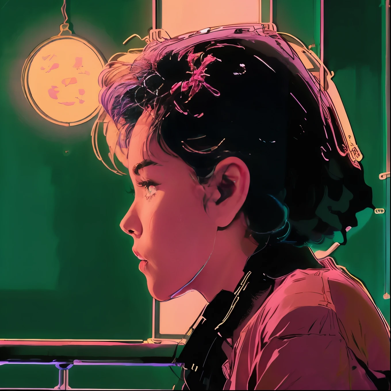 Japanese,apartment,night,Balcony,night景,(profile:1.5),pastel colour,neon,Realistic Lighting,High Contrast,(various poses:1.4),neon_outlines