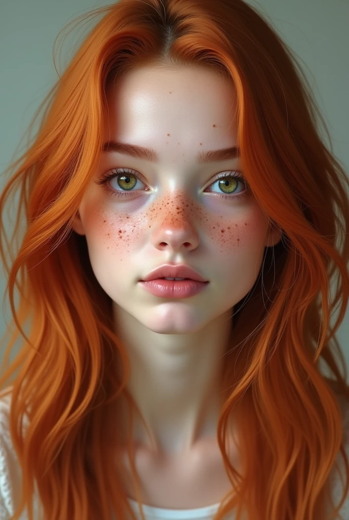Create a ginger girl 20 years old, skin white and freckles and eyes green realístic, hair long