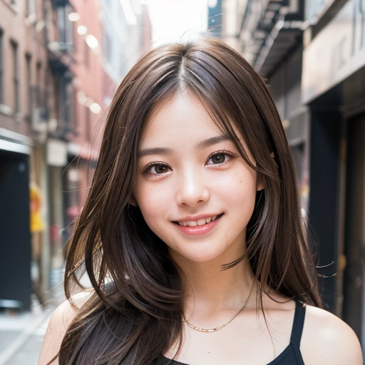 (((Face close-up)))、(((Brown straight hair)))、(((She is photographed with the backdrop of a New York alleyway、Pose like a model at the hair salon。.)))、(((She is wearing casual clothes suitable for early summer...。Shoulders are covered)))、(Natural laughter:1.25)、Half Japanese, Half Korean、1 girl、Independent、I&#39;looking forward to it、Light eye makeup、Brown Hair Color、flat 、Hair blowing in the wind、Quality of actress、Shiny, Ultra-realistic faces、smile、Watery eye、look up、Subtle lighting effects、 Ultra-Realistic Capture、Very detailed、High resolution 16K human skin closeup。Skin texture must be natural、The detail must be such that the pores are clearly visible..、skin is healthy、Even Tone、Use natural light and color、worn out, High quality photos taken by modeling agencies&#39;In-house photographer.、smile、(((Sigma 300mm F/1.4,1/1000 sec shutter,ISO400)))、The background is F-stop 1....4 is blurry