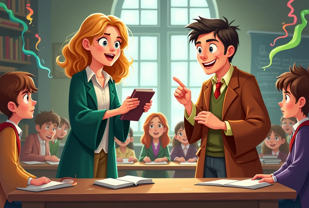 horizontal image of a female Hufflepuff teacher and a female Slytherin teacher and students. in a fun class at hogwarts with cartoon design