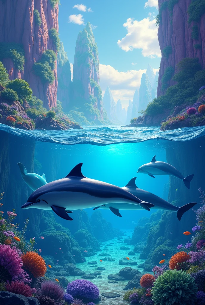 A super colorful landscape with dolphins