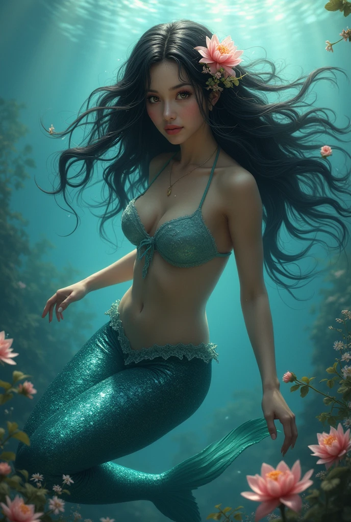 mermaid, black hair adorned with flowers, swimming in the seas, looking at the camera