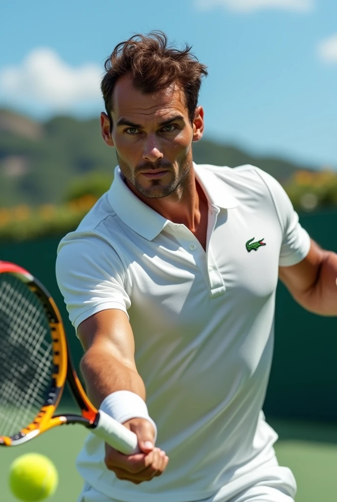 (photorealism:1.2), man with brown eyes and brown hair playing tennis with babolat racket Rafael Nadal wearing a Lacoste polo shirt with a super detailed ultra-realistic photorealistic 8k