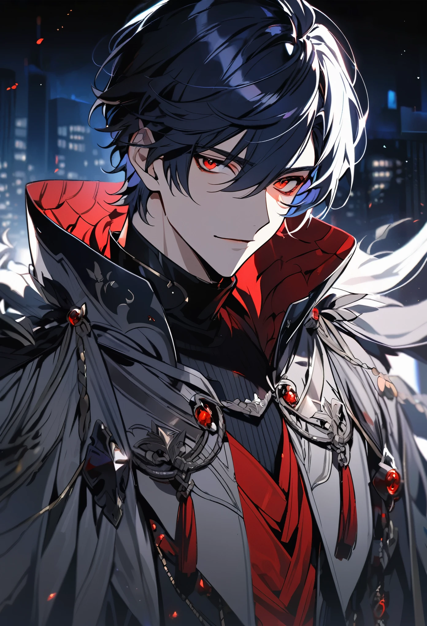 solo, handsome, 1 male, short hair, dark blue hair, red rings eyes, black shirt, grey cloak, night